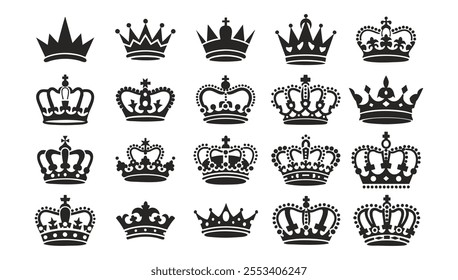 Black and white Crown icon set Silhouette, vector on white background.