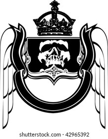 Black And White Crowned Scull Heraldry. Vector Illustration.
