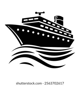 Black and White Cruise Ship Silhouette with Stylized Waves – Nautical Vector Illustration for Travel and Adventure"