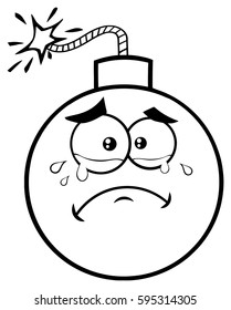 Black And White Crying Bomb Face Cartoon Mascot Character With Tears. Vector Illustration Isolated On White Background