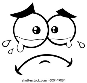 Black And White Crying Cartoon Funny Face With Tears And  Expression. Vector Illustration Isolated On White Background