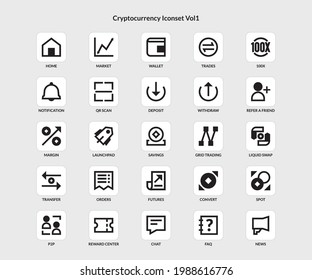 Black and White Cryptocurrency Icon set for mobile app. 