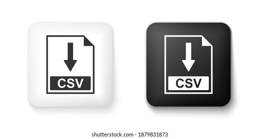 Icono de documento de archivo CSV en blanco y negro. Descargar icono de botón CSV aislado en fondo blanco. Botón cuadrado. Vector.