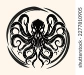 Black and White Cthulhu,Kraken Silhouette Ornament Vector Art for Logo and Icon