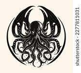 Black and White Cthulhu,Kraken Silhouette Ornament Vector Art for Logo and Icon