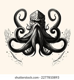 Black and White Cthulhu,Kraken Silhouette Ornament Vector Art for Logo and Icon