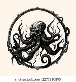 Black and White Cthulhu,Kraken Silhouette Ornament Vector Art for Logo and Icon