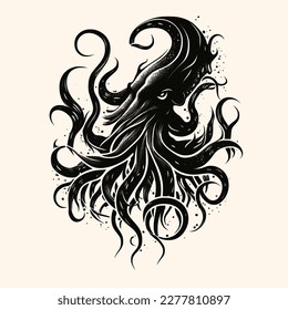 Black and White Cthulhu,Kraken Silhouette Ornament Vector Art for Logo and Icon