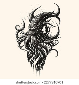 Black and White Cthulhu,Kraken Silhouette Ornament Vector Art for Logo and Icon