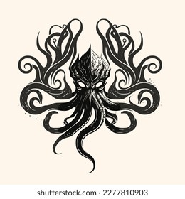 Black and White Cthulhu,Kraken Silhouette Ornament Vector Art for Logo and Icon