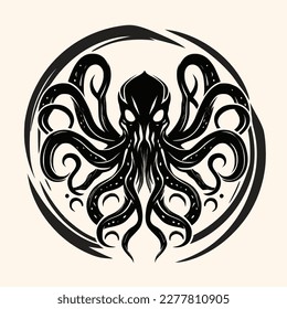 Black and White Cthulhu,Kraken Silhouette Ornament Vector Art for Logo and Icon