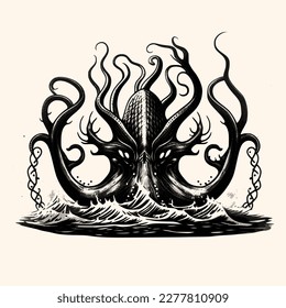 Black and White Cthulhu,Kraken Silhouette Ornament Vector Art for Logo and Icon