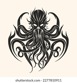 Black and White Cthulhu,Kraken Silhouette Ornament Vector Art for Logo and Icon