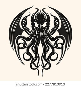 Black and White Cthulhu,Kraken Silhouette Ornament Vector Art for Logo and Icon