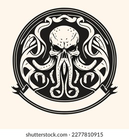 Black and White Cthulhu,Kraken Silhouette Ornament Vector Art for Logo and Icon