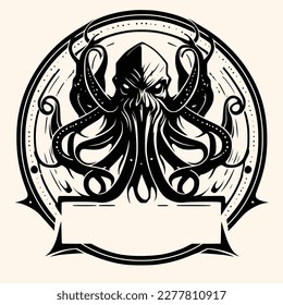 Black and White Cthulhu,Kraken Silhouette Ornament Vector Art for Logo and Icon