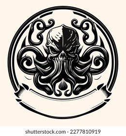 Black and White Cthulhu,Kraken Silhouette Ornament Vector Art for Logo and Icon