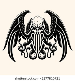 Black and White Cthulhu,Kraken Silhouette Ornament Vector Art for Logo and Icon