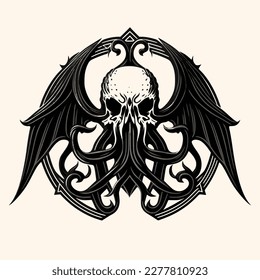 Black and White Cthulhu,Kraken Silhouette Ornament Vector Art for Logo and Icon