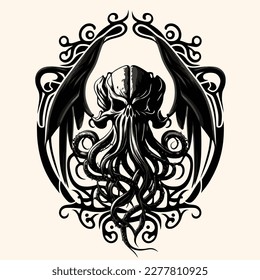 Black and White Cthulhu,Kraken Silhouette Ornament Vector Art for Logo and Icon