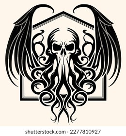 Black and White Cthulhu,Kraken Silhouette Ornament Vector Art for Logo and Icon