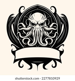 Black and White Cthulhu,Kraken Silhouette Ornament Vector Art for Logo and Icon