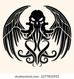 Black and White Cthulhu,Kraken Silhouette Ornament Vector Art for Logo and Icon