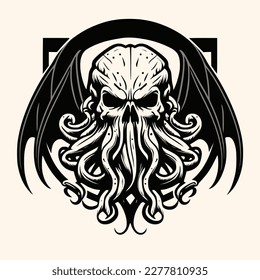 Black and White Cthulhu,Kraken Silhouette Ornament Vector Art for Logo and Icon