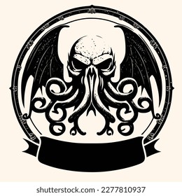 Black and White Cthulhu,Kraken Silhouette Ornament Vector Art for Logo and Icon