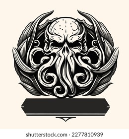 Black and White Cthulhu,Kraken Silhouette Ornament Vector Art for Logo and Icon