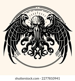 Black and White Cthulhu,Kraken Silhouette Ornament Vector Art for Logo and Icon