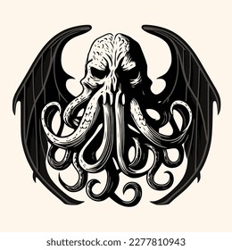 Black and White Cthulhu,Kraken Silhouette Ornament Vector Art for Logo and Icon