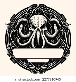 Black and White Cthulhu,Kraken Silhouette Ornament Vector Art for Logo and Icon