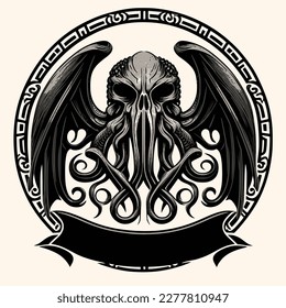 Black and White Cthulhu,Kraken Silhouette Ornament Vector Art for Logo and Icon