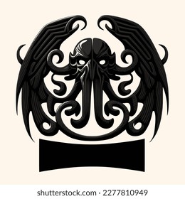 Black and White Cthulhu,Kraken Silhouette Ornament Vector Art for Logo and Icon