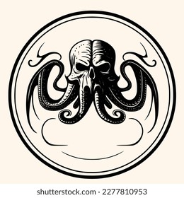 Black and White Cthulhu,Kraken Silhouette Ornament Vector Art for Logo and Icon