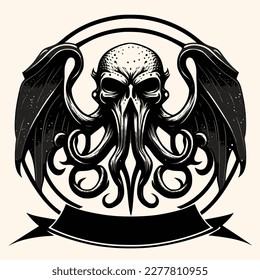 Black and White Cthulhu,Kraken Silhouette Ornament Vector Art for Logo and Icon