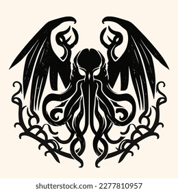 Black and White Cthulhu,Kraken Silhouette Ornament Vector Art for Logo and Icon