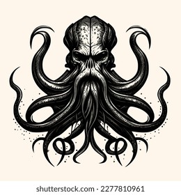 Black and White Cthulhu,Kraken Silhouette Ornament Vector Art for Logo and Icon