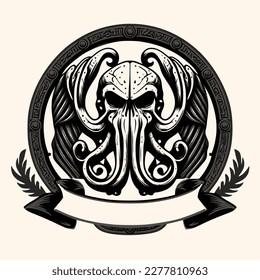 Black and White Cthulhu,Kraken Silhouette Ornament Vector Art for Logo and Icon