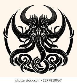 Black and White Cthulhu,Kraken Silhouette Ornament Vector Art for Logo and Icon