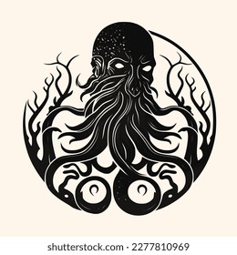 Black and White Cthulhu,Kraken Silhouette Ornament Vector Art for Logo and Icon