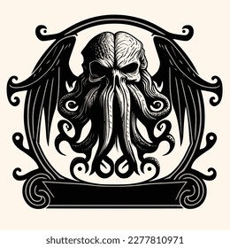 Black and White Cthulhu,Kraken Silhouette Ornament Vector Art for Logo and Icon