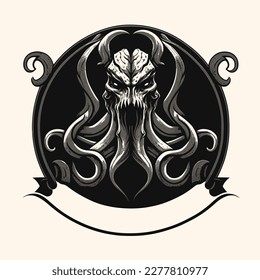 Black and White Cthulhu,Kraken Silhouette Ornament Vector Art for Logo and Icon