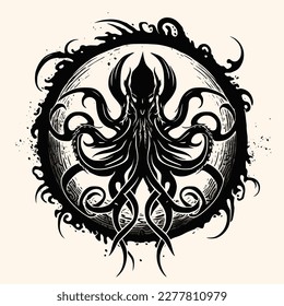 Black and White Cthulhu,Kraken Silhouette Ornament Vector Art for Logo and Icon