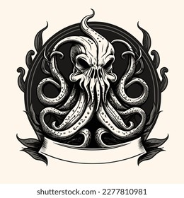 Black and White Cthulhu,Kraken Silhouette Ornament Vector Art for Logo and Icon