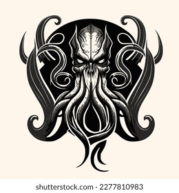 Black and White Cthulhu,Kraken Silhouette Ornament Vector Art for Logo and Icon