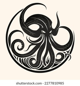 Black and White Cthulhu,Kraken Silhouette Ornament Vector Art for Logo and Icon