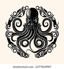 Black and White Cthulhu,Kraken Silhouette Ornament Vector Art for Logo and Icon