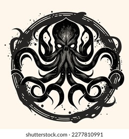 Black and White Cthulhu,Kraken Silhouette Ornament Vector Art for Logo and Icon